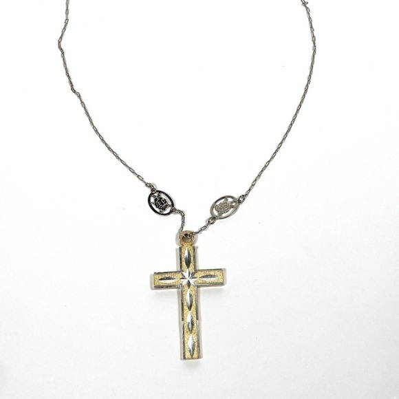 Avon Cross Necklace Gold Tone Pendant Silver Tone Chain Rosary - Picture 1 of 13